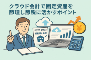 クラウド会計ソフトを使って固定資産を管理し、節税に活かす様子を描いたイラスト。スーツ姿の男性、ノートパソコン、固定資産の書類、円マークのコインが登場。