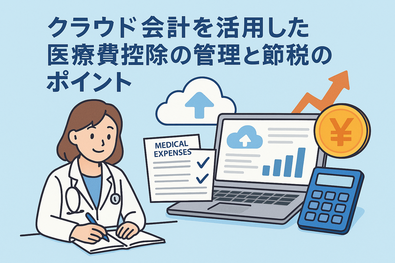 クラウド会計ソフトを使って医療費控除を管理する女性医師とノートパソコン、医療費の書類、電卓、円マークのコインが描かれたイラスト