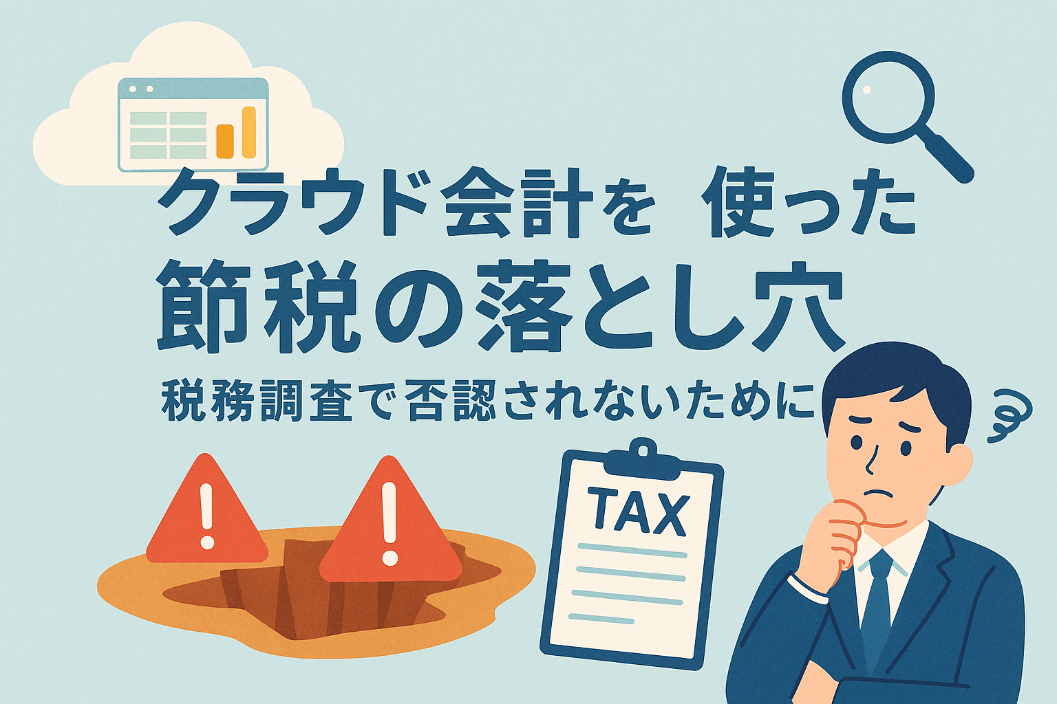 クラウド会計による節税の落とし穴と税務調査リスクを描いたイラスト。心配そうな男性キャラクターと「TAX」書類、注意喚起のピットが描かれている。