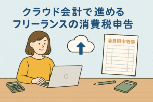 クラウド会計ソフトを使って消費税申告を行うフリーランスの女性が、ノートパソコンを操作しながら申告書類やクラウドアイコンを確認している様子。親しみやすく精緻なイラスト。
