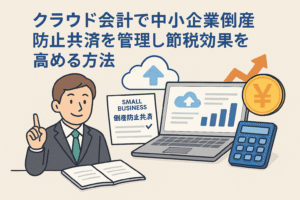 クラウド会計ソフトを使って中小企業の倒産防止共済を管理し、節税効果を高める様子を描いたイラスト。スーツ姿の男性、ノートパソコン、共済証書、電卓、円マークのコインが登場。