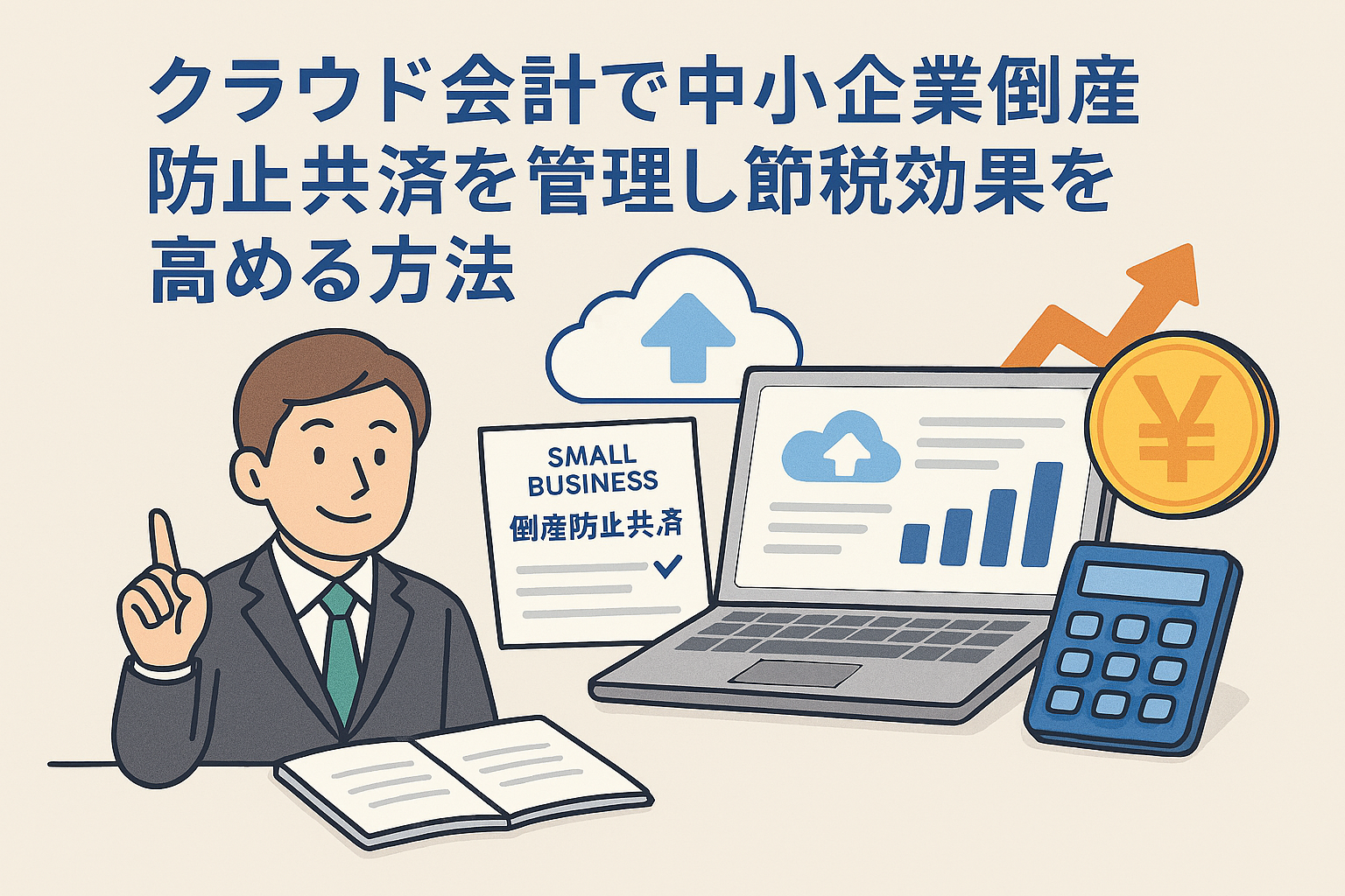 クラウド会計ソフトを使って中小企業の倒産防止共済を管理し、節税効果を高める様子を描いたイラスト。スーツ姿の男性、ノートパソコン、共済証書、電卓、円マークのコインが登場。