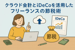 クラウド会計とiDeCoを活用して節税するフリーランスの女性が、ノートパソコンを操作しながら申告書類やクラウドアイコン、iDeCo関連資料を確認している様子。親しみやすく精緻なイラスト。
