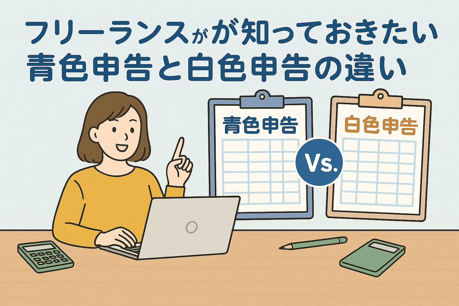 フリーランス向けに青色申告と白色申告の違いをわかりやすく紹介するイラスト。女性がノートパソコンを操作しながら、2種類の申告書類を比較している様子。電卓や文房具も描かれ、親しみやすい雰囲気。
