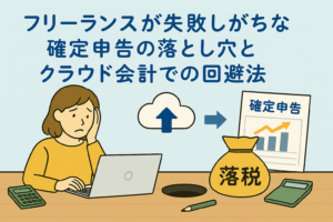 フリーランスが確定申告で陥りがちなミスをクラウド会計で回避する様子を描いたイラスト。悩む女性、申告書類、クラウドアイコン、落とし穴のイメージなどが親しみやすく精緻に描かれている。