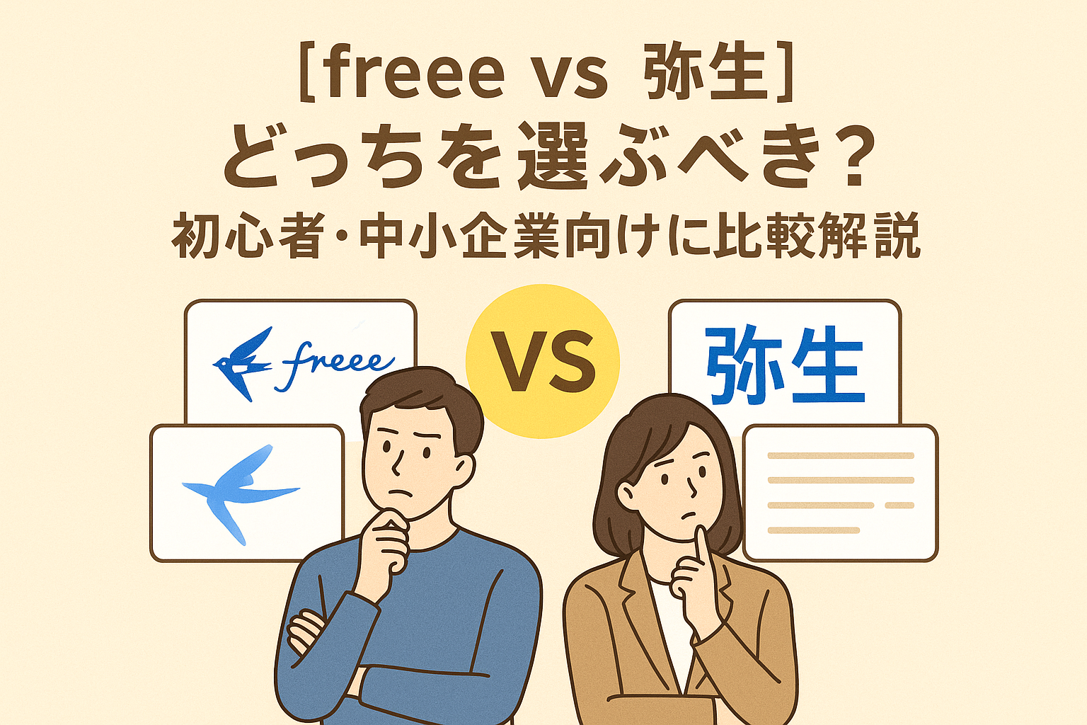 freeeと弥生の比較記事用アイキャッチ。薄い色背景にfreeeと弥生のロゴ、悩む人物、中央にVSを配置したイラスト