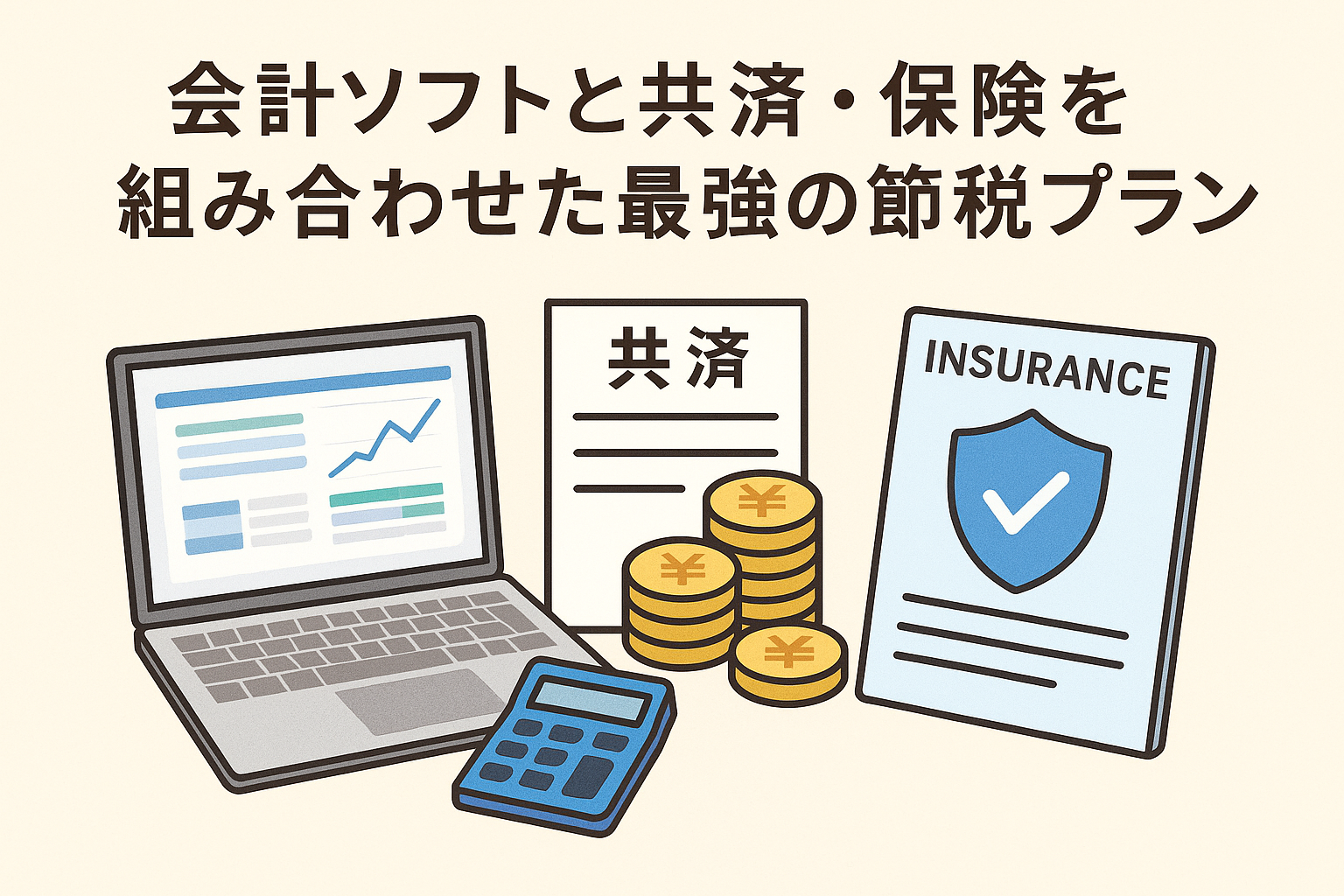 会計ソフトと共済・保険を組み合わせた節税プランをテーマにしたアイキャッチ画像。ノートパソコン、共済の書類、保険証券、電卓、コインを描いた親しみやすいイラスト。