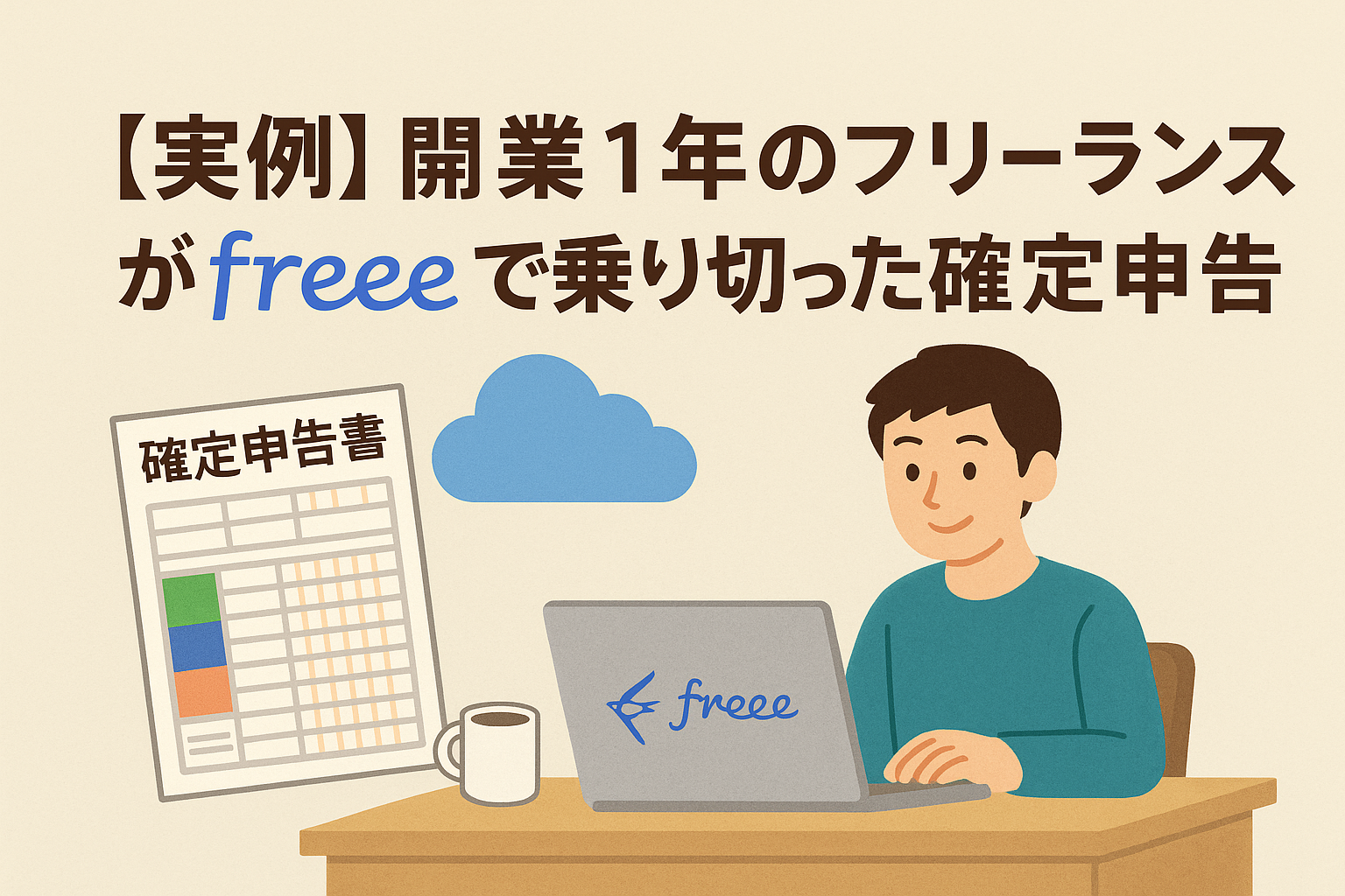 開業1年目のフリーランスがクラウド会計ソフトfreeeを使って確定申告を乗り切ったことを表すアイキャッチ画像。ノートPC、確定申告書、クラウドのイラストを組み合わせた親しみやすいデザイン。