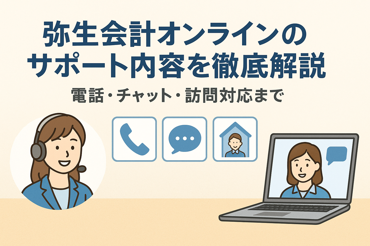 弥生会計オンラインのサポート体制を解説する記事用アイキャッチ画像。電話・チャット・訪問対応を象徴するアイコンと担当者イラストを配置。
