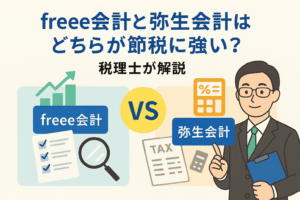 freee会計と弥生会計の節税効果を比較する記事用アイキャッチ画像。税理士が解説するイメージで、グラフ・電卓・帳票のイラストを配置。
