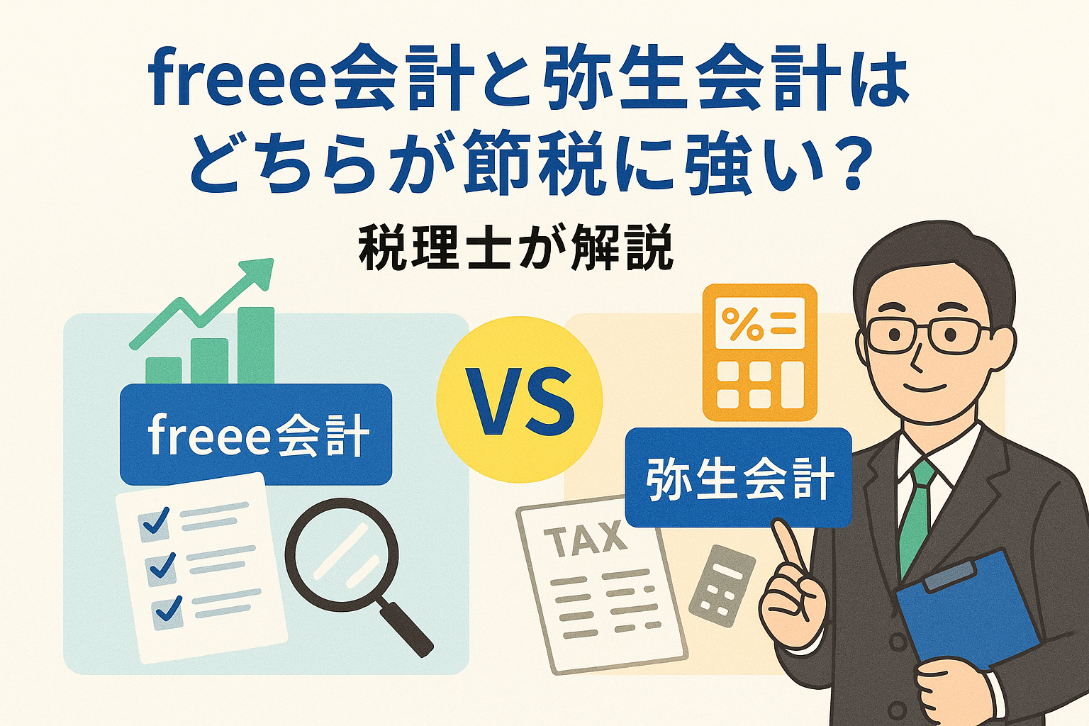 freee会計と弥生会計の節税効果を比較する記事用アイキャッチ画像。税理士が解説するイメージで、グラフ・電卓・帳票のイラストを配置。