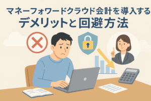 マネーフォワードクラウド会計を導入する際のデメリットと回避方法を解説する記事用アイキャッチ。悩む経営者と回避策を示すイメージイラスト。
