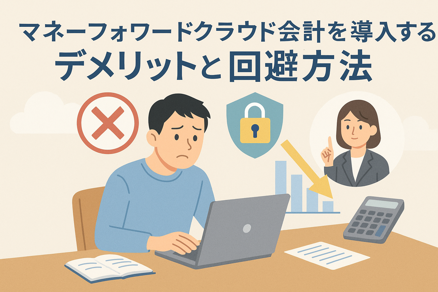 マネーフォワードクラウド会計を導入する際のデメリットと回避方法を解説する記事用アイキャッチ。悩む経営者と回避策を示すイメージイラスト。