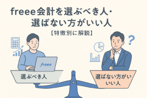 freee会計を選ぶべき人と選ばない方がいい人を特徴別に解説する記事用のアイキャッチ画像。利用者タイプを対比的に表現。