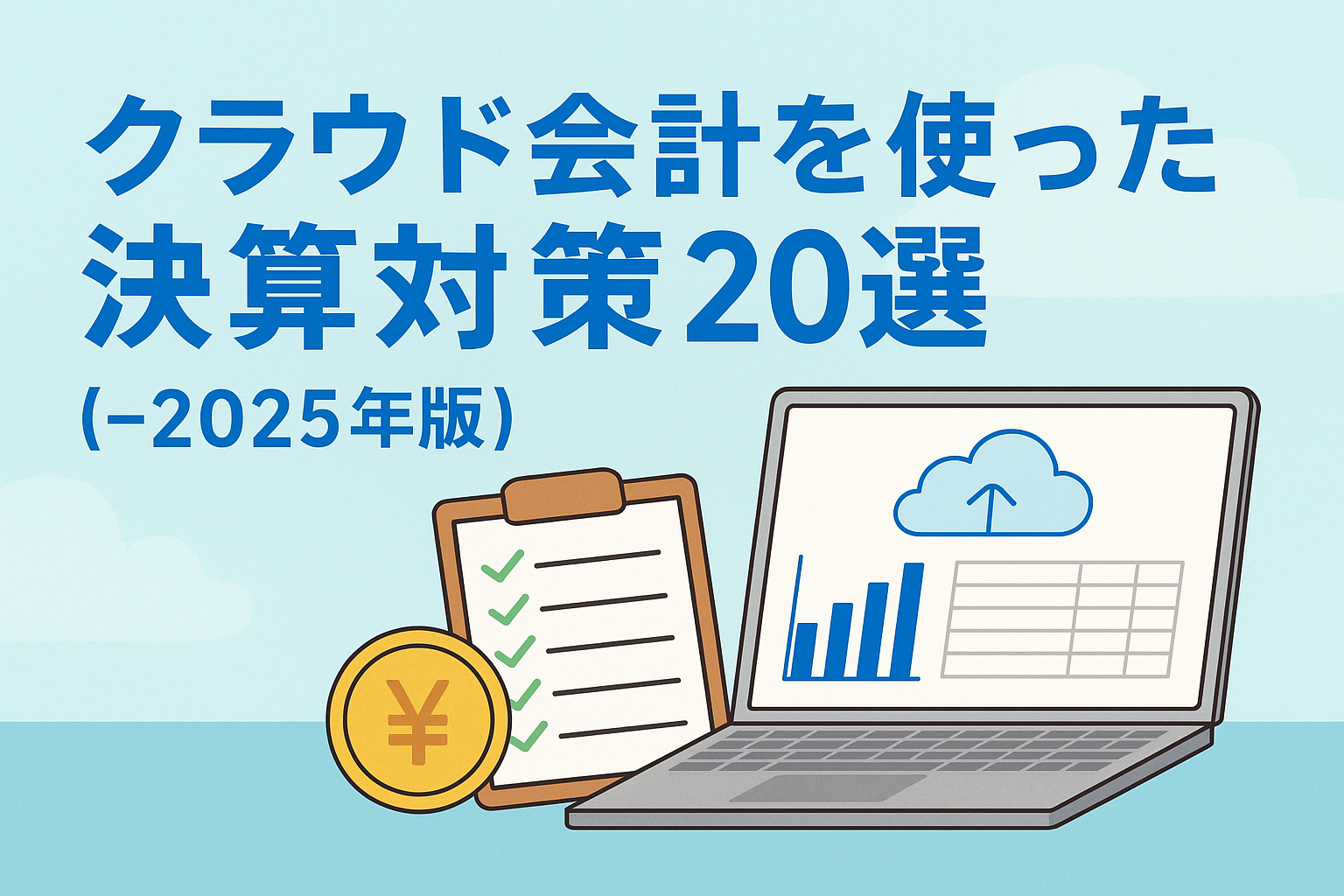 クラウド会計を活用した決算対策20選を解説する記事用アイキャッチ画像。ノートPC、円マーク、チェックリストを組み合わせたデザイン。