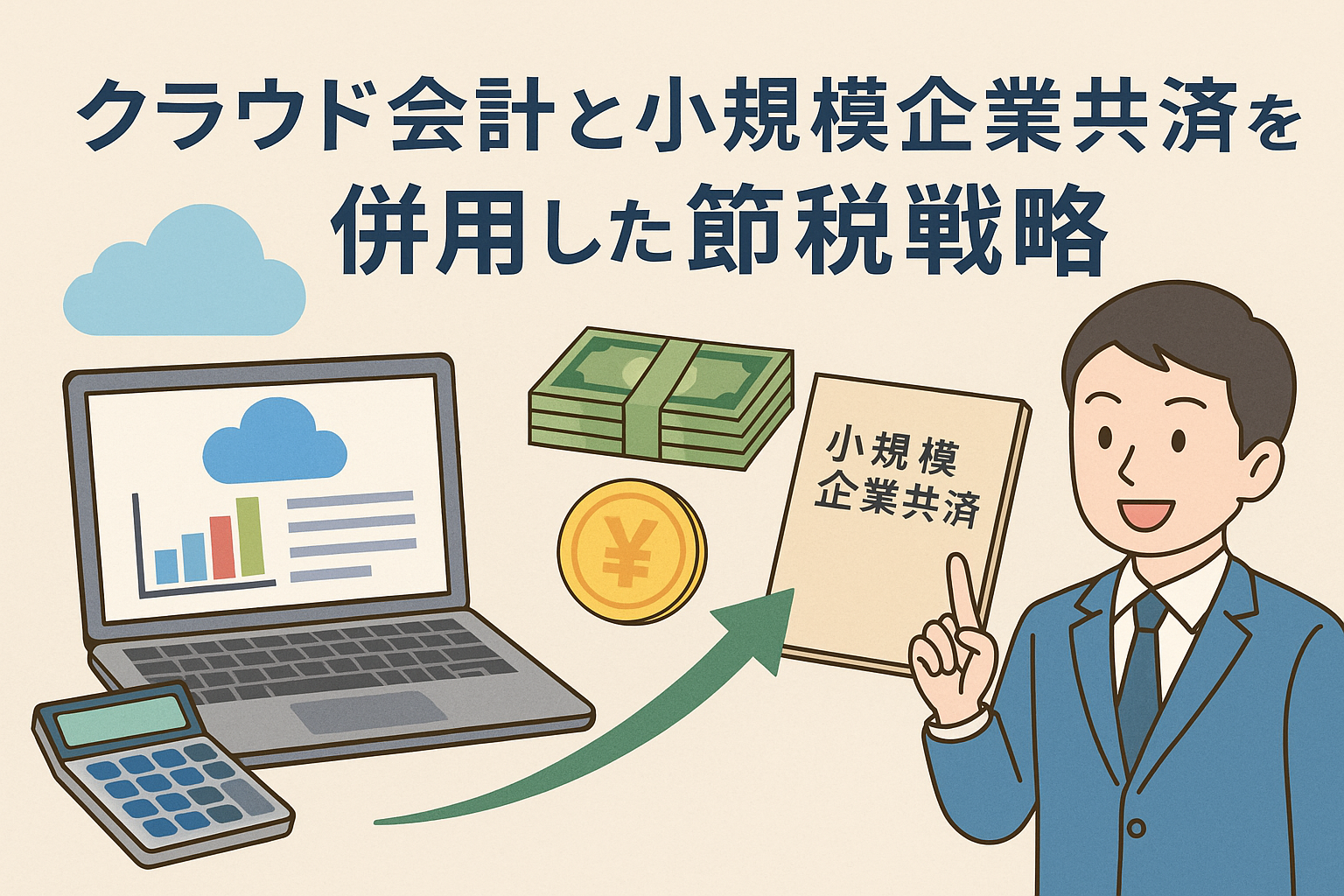 クラウド会計と小規模企業共済を組み合わせた節税戦略をイメージしたイラスト。パソコン画面、共済冊子、現金、電卓を配置し、経営者が指をさして解説する様子。