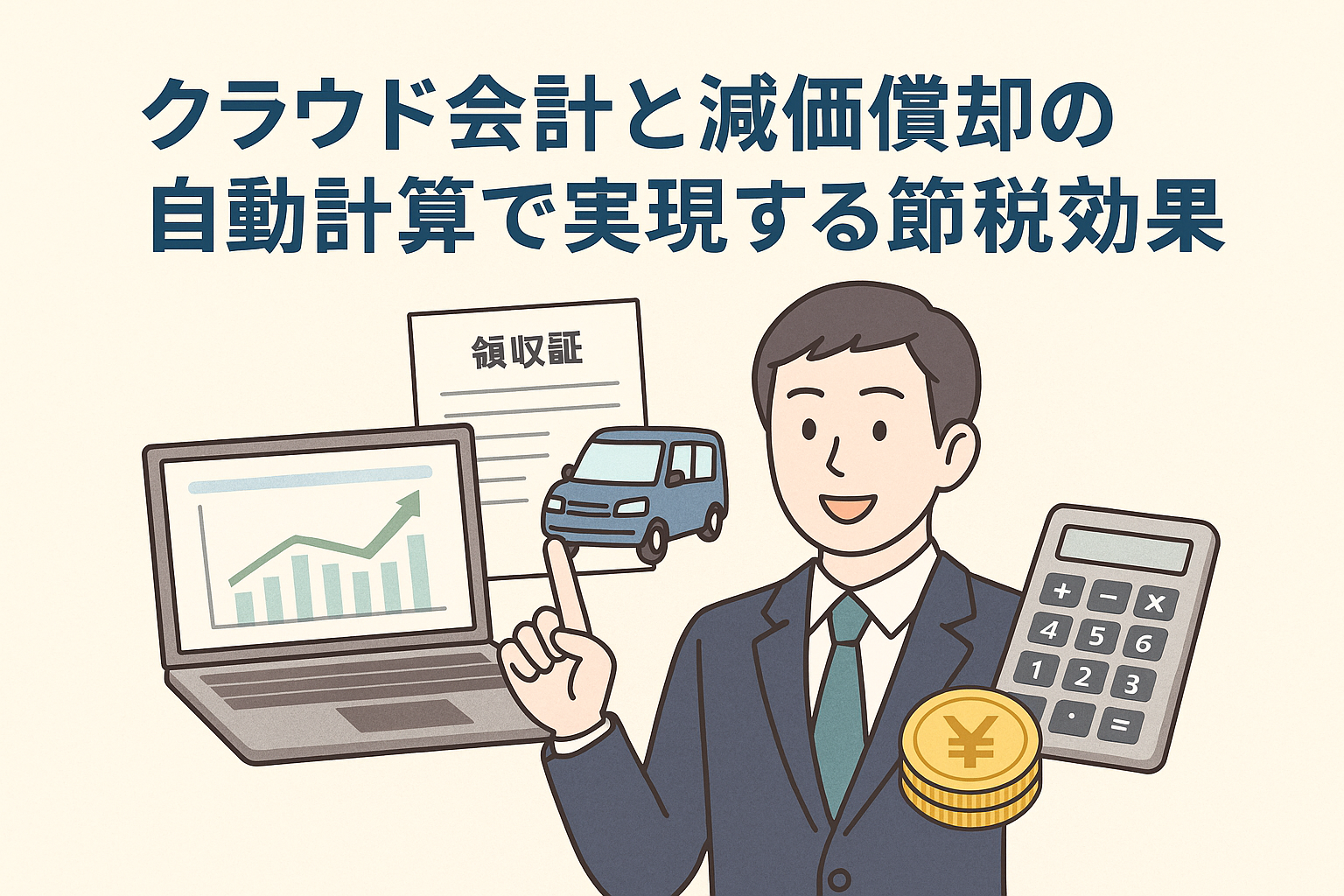 クラウド会計と減価償却の自動計算による節税効果を表現したイラスト。スーツ姿の男性、ノートPCのグラフ、領収書、車、電卓、コインが描かれている。