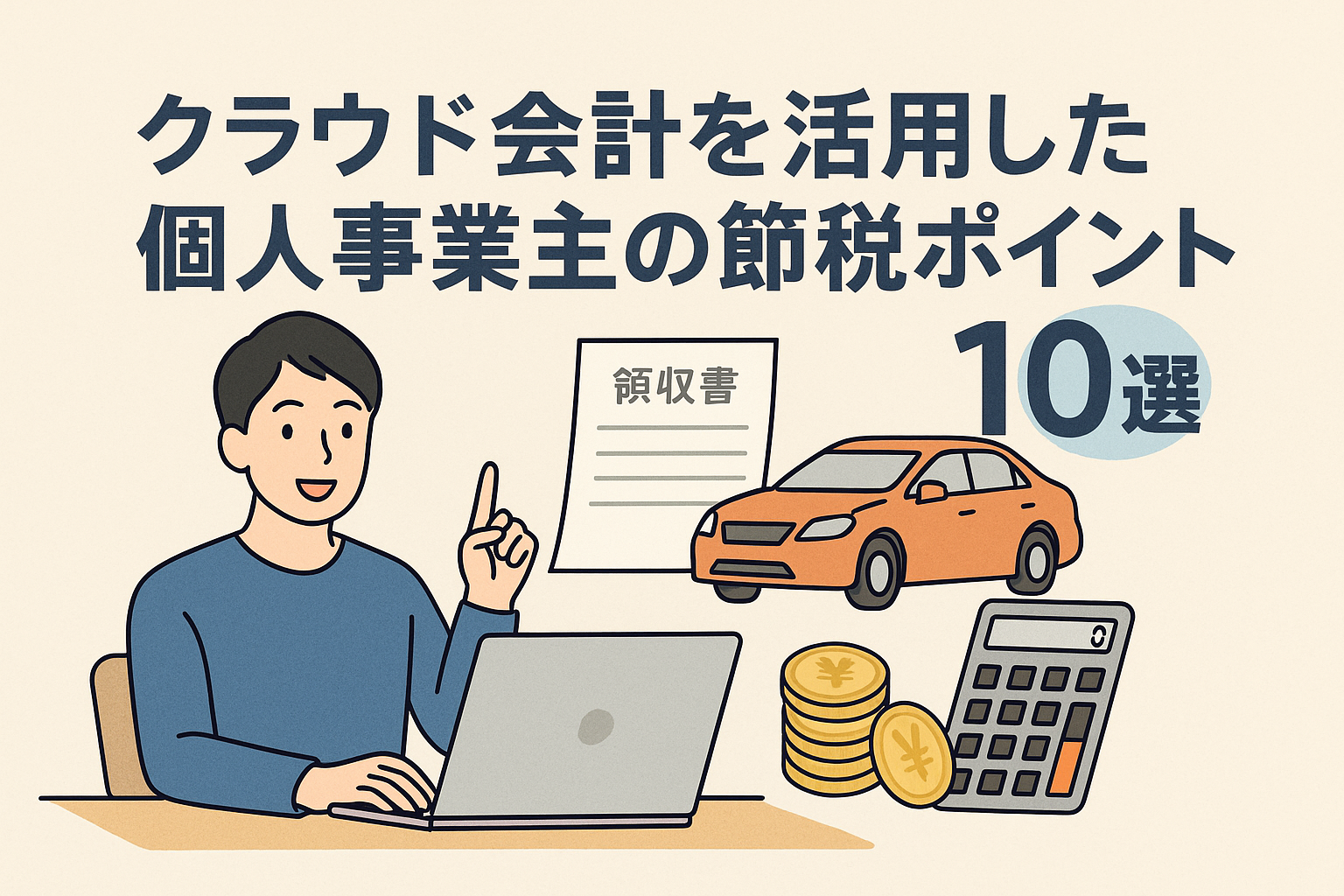 クラウド会計を活用した個人事業主の節税ポイント10選をイメージしたイラスト。ノートPCで作業する人物と領収書、車、電卓、硬貨が描かれている。