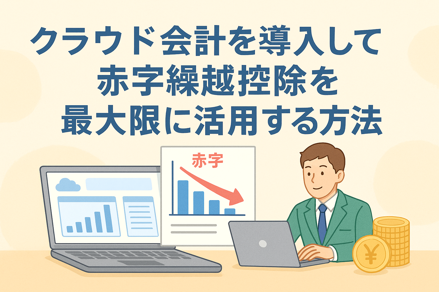 クラウド会計を活用して赤字繰越控除を最大限に利用する方法を表現したイラスト。パソコンと赤字グラフ、経営者が描かれた親しみやすいデザイン。