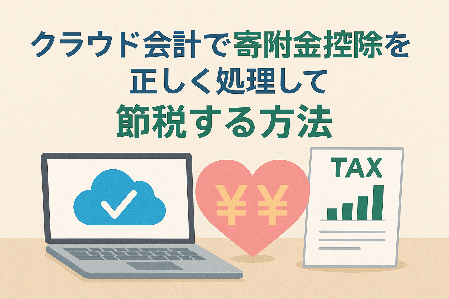 クラウド会計で寄附金控除を正しく処理し、節税につなげる方法を表現したイラスト。ノートPCとクラウドアイコン、ハート型の円マーク、税務書類が描かれた親しみやすいデザイン。