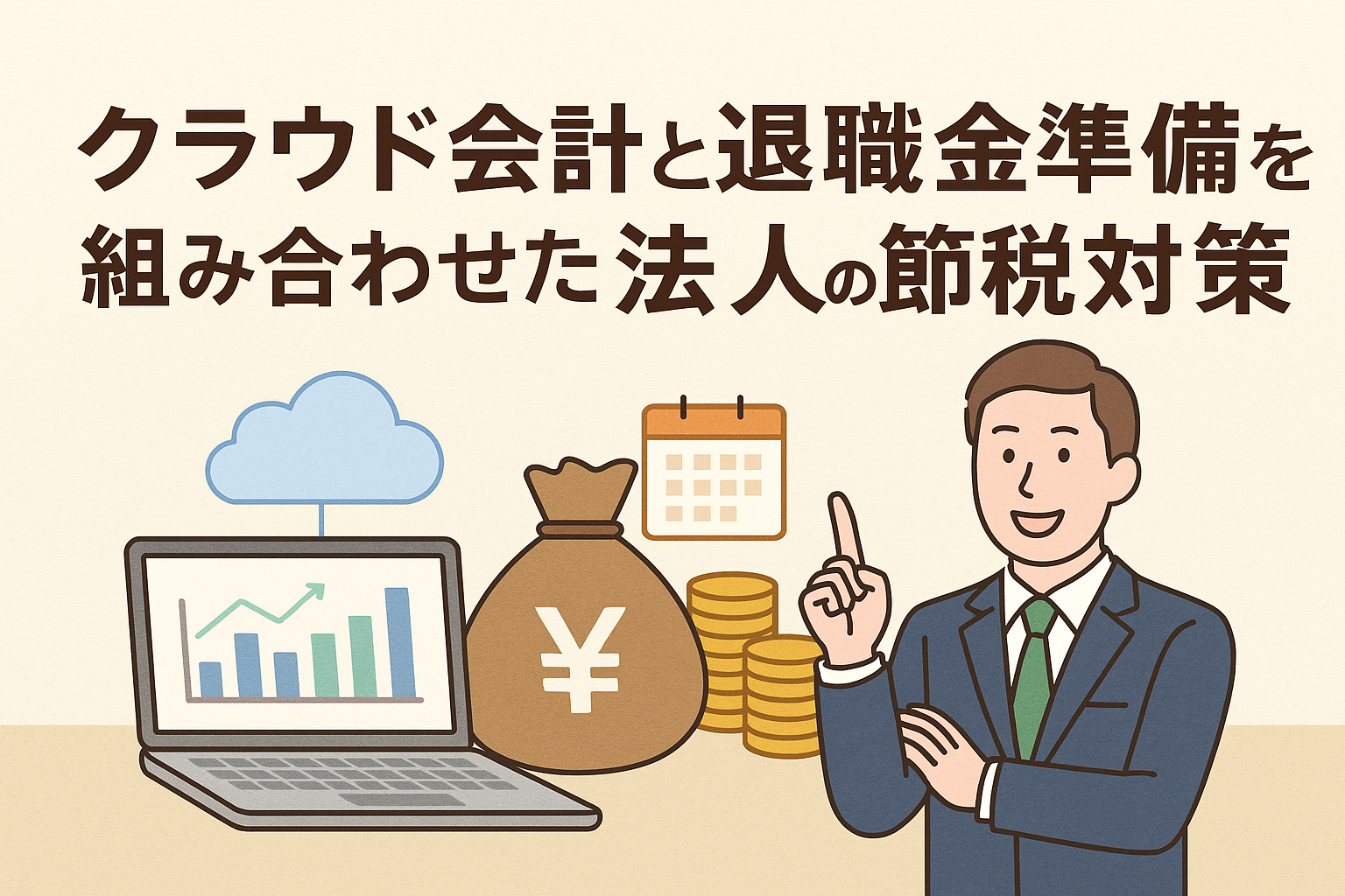 クラウド会計と退職金準備を組み合わせた法人の節税対策をイメージしたイラスト。ノートPC、雲アイコン、カレンダー、資金袋、コイン、スーツ姿の男性が描かれた親しみやすいデザイン。