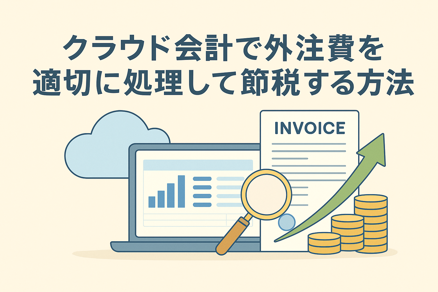 クラウド会計で外注費を適切に処理し、節税する方法をイメージしたイラスト。クラウドアイコン、請求書、パソコン画面、コイン、成長矢印が描かれた親しみやすいデザイン。