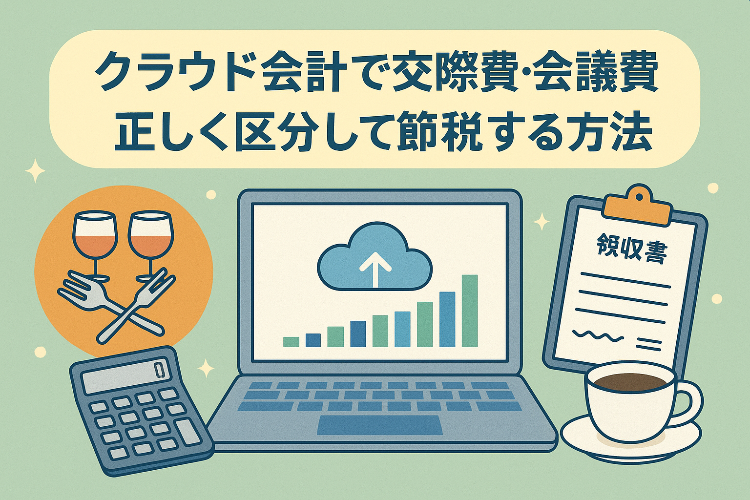 クラウド会計を活用して交際費と会議費を正しく区分し、節税につなげる方法を表すイラスト。ノートPC、電卓、領収書、飲食や会議のアイコンを配置。