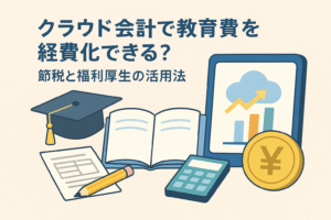 クラウド会計で教育費を経費化できるかを表現したイラスト。卒業帽子、書籍、電卓、クラウド会計のグラフ画面、コインなどを組み合わせ、節税と福利厚生を象徴。