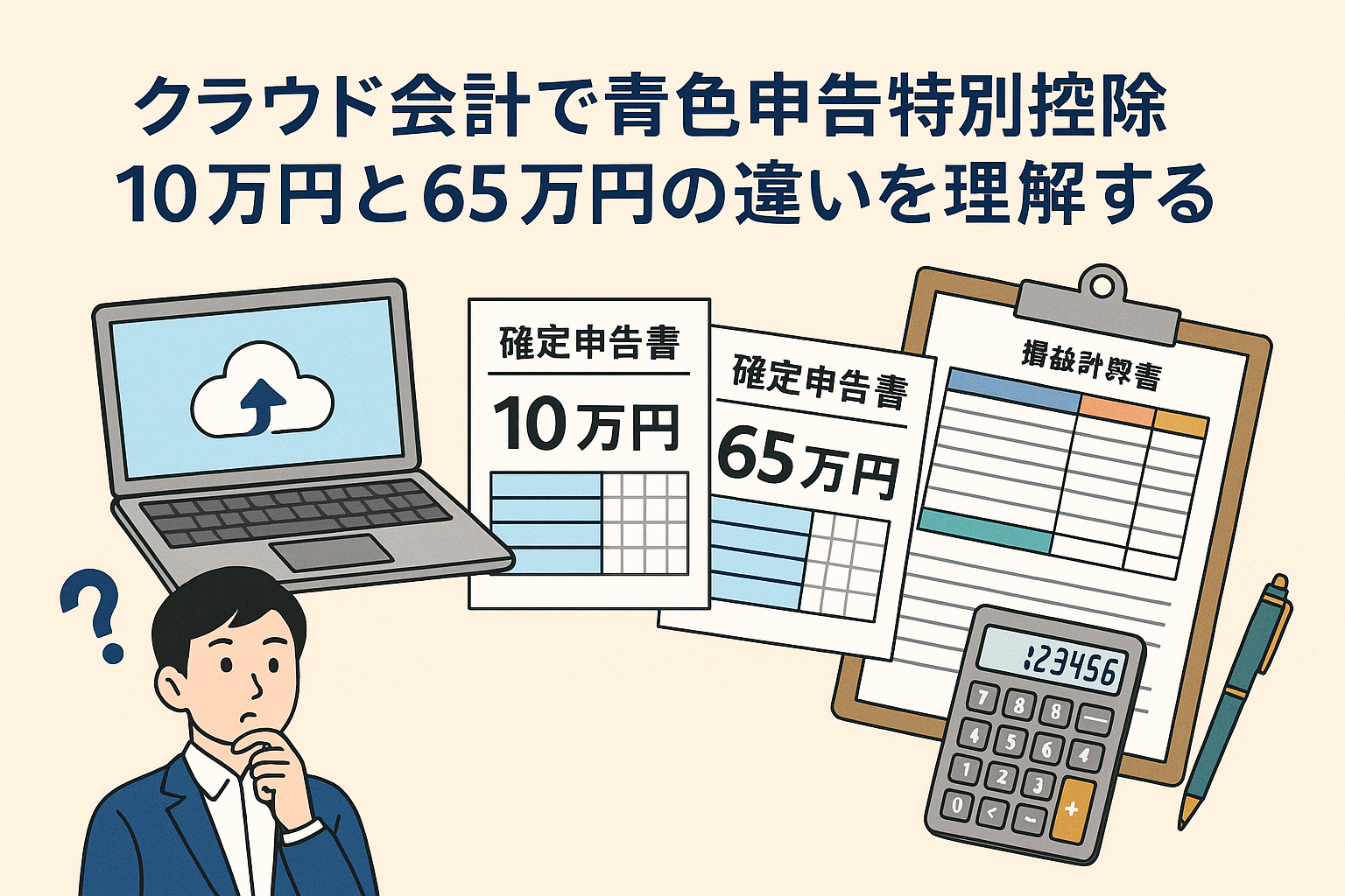クラウド会計を使った青色申告特別控除10万円と65万円の違いを解説するアイキャッチ画像。ノートPC、確定申告書、損益計算書、電卓が描かれたイラスト。