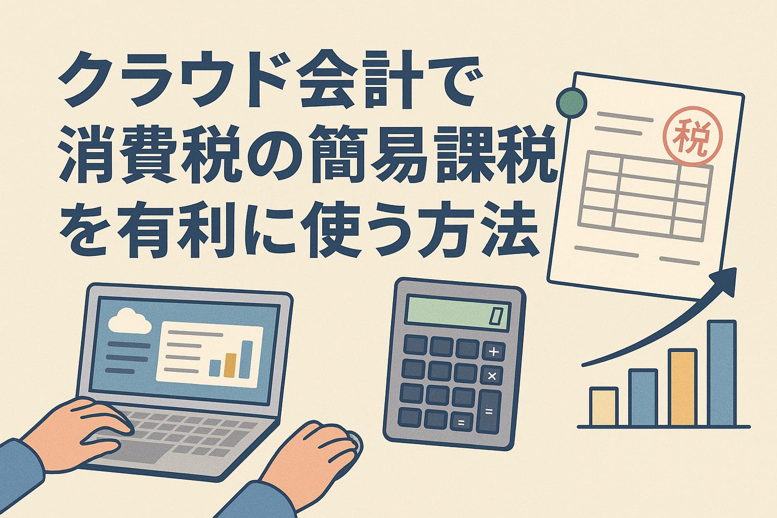 クラウド会計を使って消費税の簡易課税制度を有利に活用する様子を表すアイキャッチ。中央に日本語見出し、周囲にノートPC・電卓・税務書類・上昇グラフのイラスト。