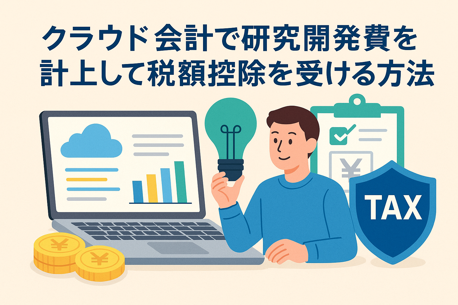 クラウド会計で研究開発費を計上し税額控除を受ける方法を表すアイキャッチ。ノートPC、グラフ、研究開発を象徴する電球、税務アイコンを配置。