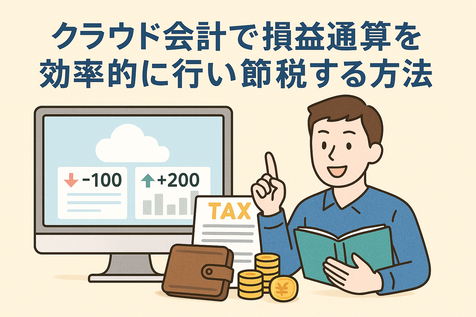 クラウド会計で損益通算を効率的に行い節税する方法を表すアイキャッチ。パソコン画面に損益データ、人物、税金関連アイコンを配置した親しみやすいイラスト。