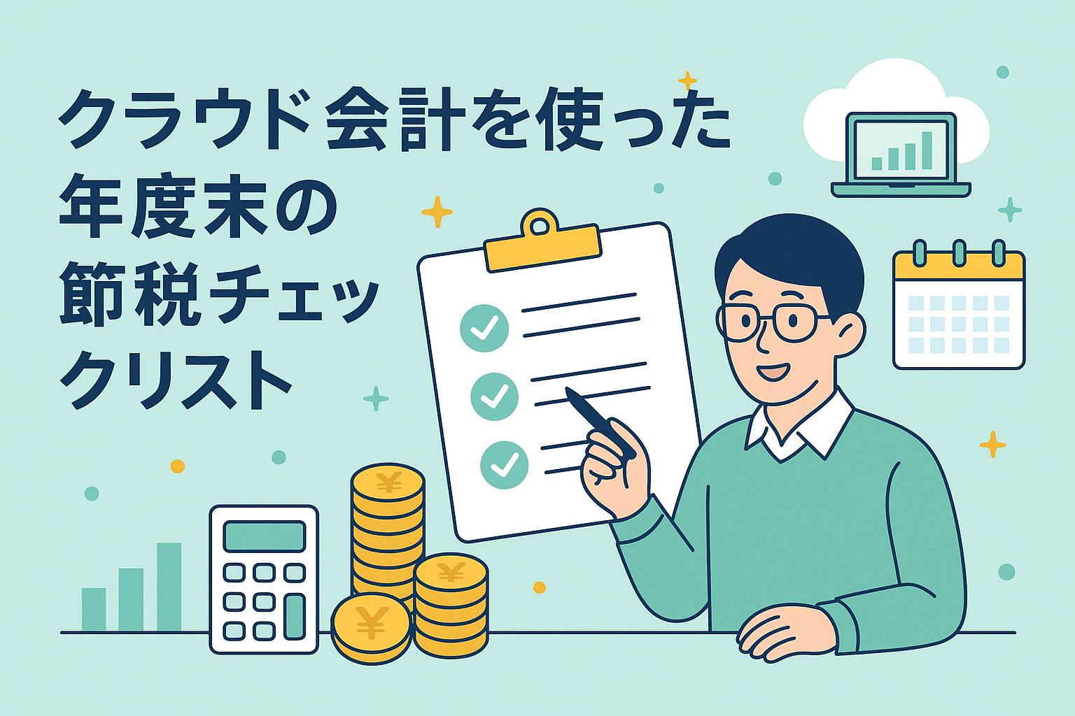 クラウド会計を使った年度末の節税チェックリストをテーマにしたイラスト。人物がチェックリストを持ち、電卓・カレンダー・グラフ・コインのアイコンが描かれている。