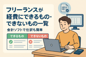 フリーランスが経費にできるもの・できないもの一覧をテーマにしたイラスト。パソコンで仕訳をする人物と、できるもの／できないものを示す表が描かれている。