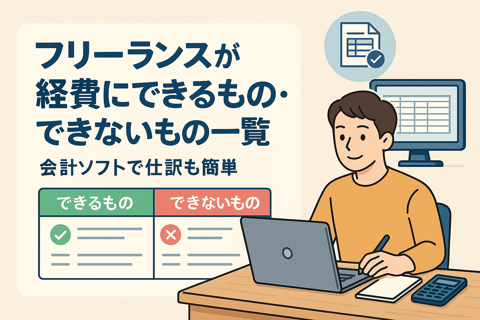 フリーランスが経費にできるもの・できないもの一覧をテーマにしたイラスト。パソコンで仕訳をする人物と、できるもの／できないものを示す表が描かれている。