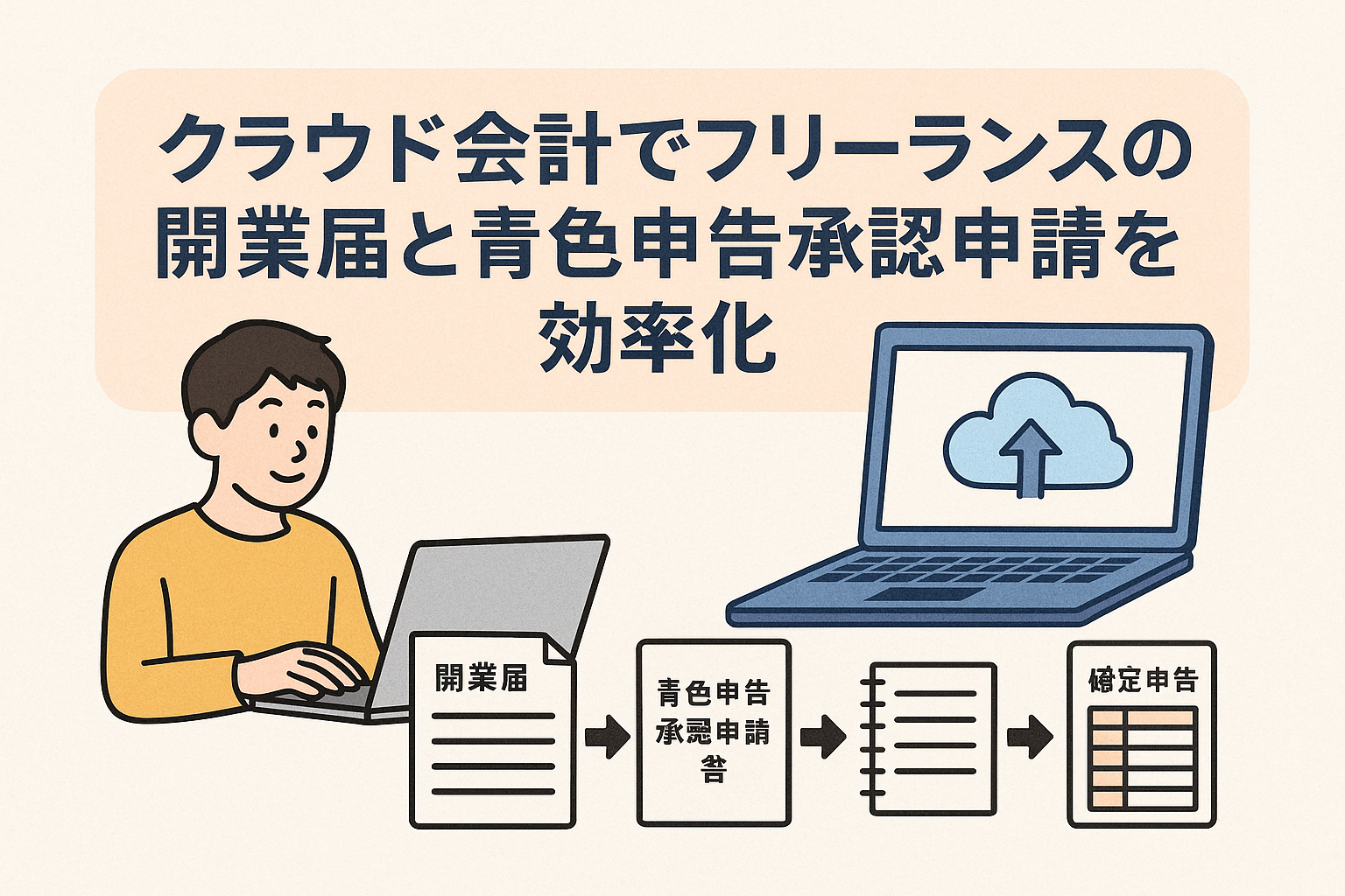 クラウド会計を使ってフリーランスが開業届と青色申告承認申請を効率的に行う流れを示すイラスト。パソコンを操作する人物と書類、クラウドのアイコンが描かれている。