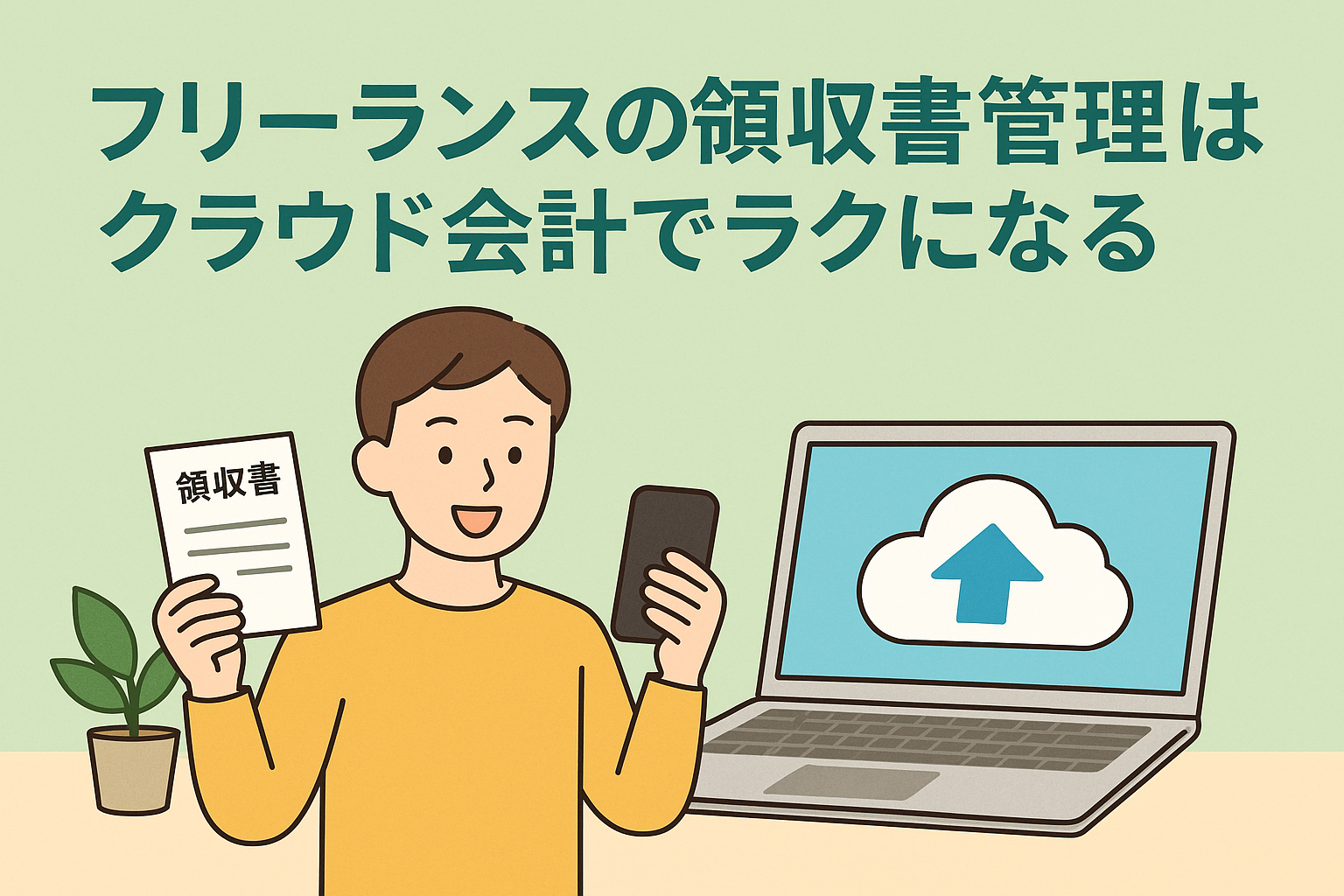 フリーランスの領収書管理をクラウド会計で効率化する様子を描いたイラスト。領収書を持つ人物がスマホで撮影し、パソコン画面にクラウドのアイコンが表示されている。