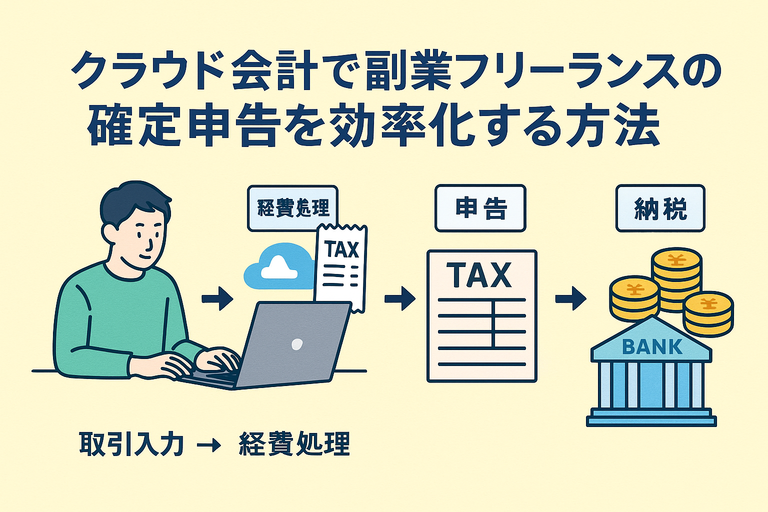 クラウド会計を使って副業フリーランスが確定申告を効率化する流れを表したイラスト。取引入力から経費処理、申告、納税までのプロセスが描かれている。