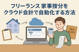 フリーランスの家事按分をクラウド会計で自動化する方法を表現したイラスト。家とパソコン、クラウド、電卓を持つ人物が登場し、経費処理の流れを示している。