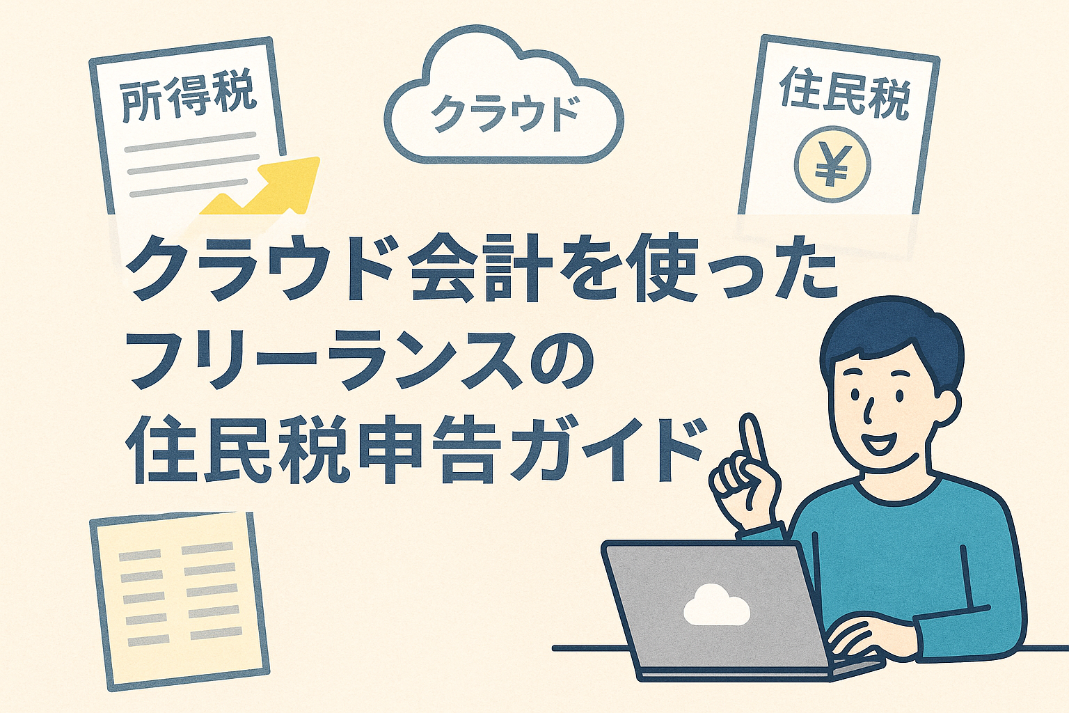 フリーランスがクラウド会計を活用して住民税申告を行う様子を表したイラスト。ノートパソコンを操作する人物と住民税の書類を組み合わせたデザイン。