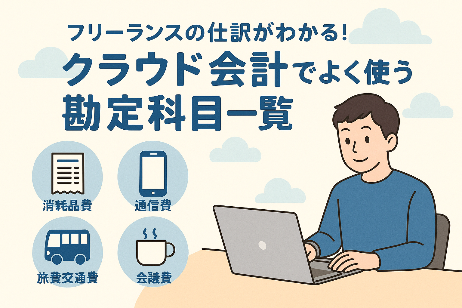 フリーランスがクラウド会計で仕訳を行う際によく使う勘定科目を表したアイキャッチ画像。パソコンを使う人物と、消耗品費・通信費・旅費交通費・会議費のアイコンを組み合わせた親しみやすいデザイン。