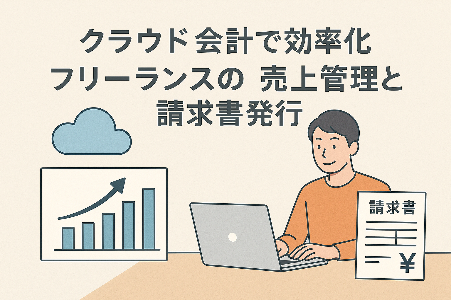 クラウド会計でフリーランスの売上管理と請求書発行を効率化する様子を描いたイラスト。ノートPC、請求書、売上グラフ、クラウドのアイコンを配し、日本語見出しを中央に表示。