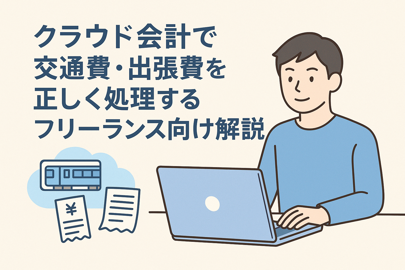 フリーランスがクラウド会計で交通費・出張費を処理する様子を表したイラスト