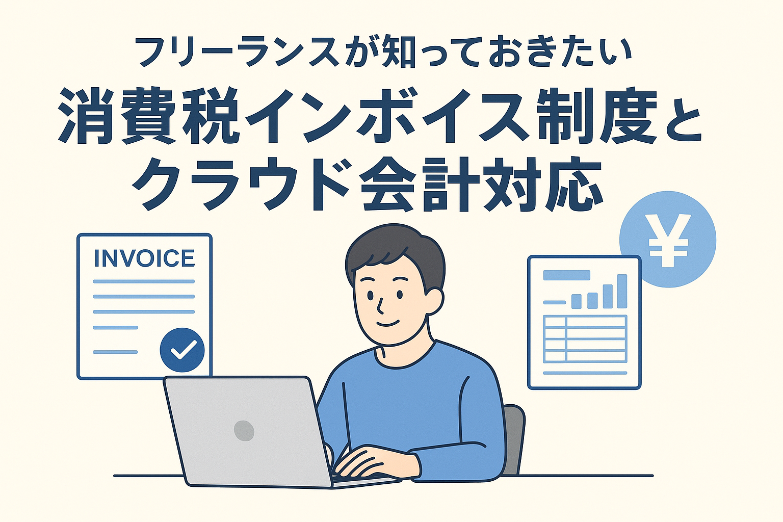 フリーランスが消費税インボイス制度とクラウド会計対応について学ぶ様子を表したイラスト