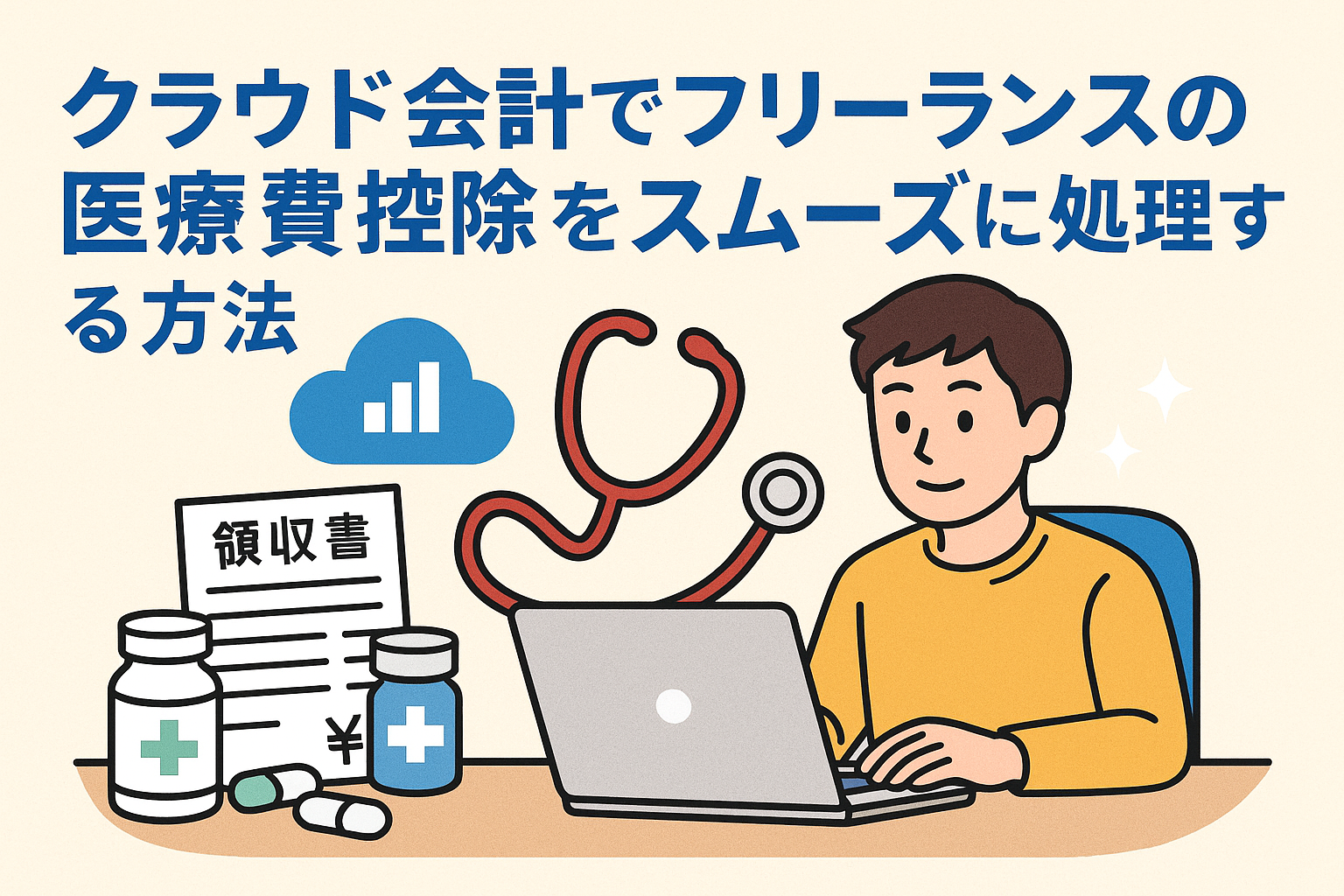 フリーランスがクラウド会計を活用して医療費控除を効率的に処理する様子を表したイラスト