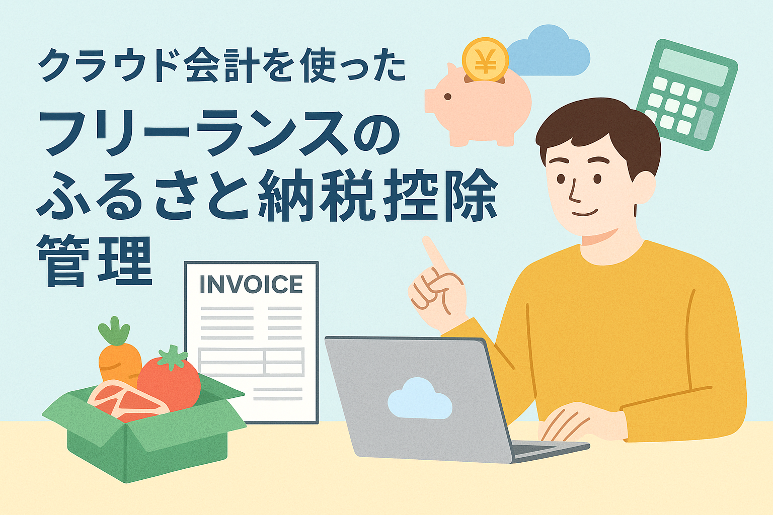 クラウド会計を使ってフリーランスがふるさと納税控除を管理する様子を表したイラスト