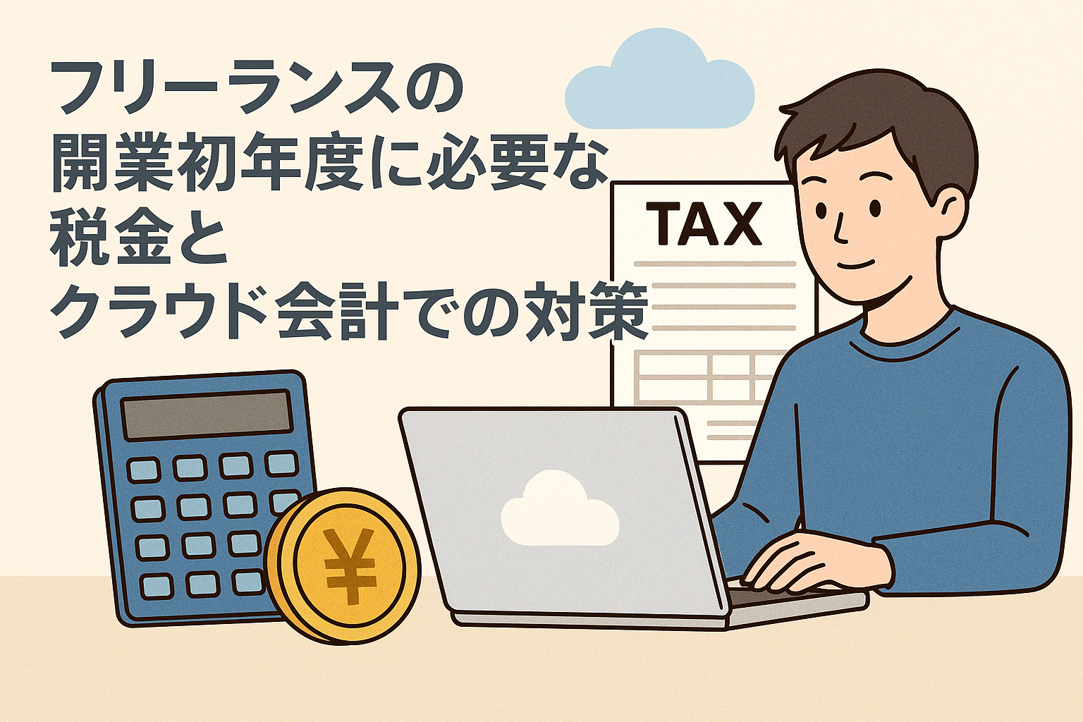 フリーランスの開業初年度に必要な税金とクラウド会計での対策をイメージしたイラスト