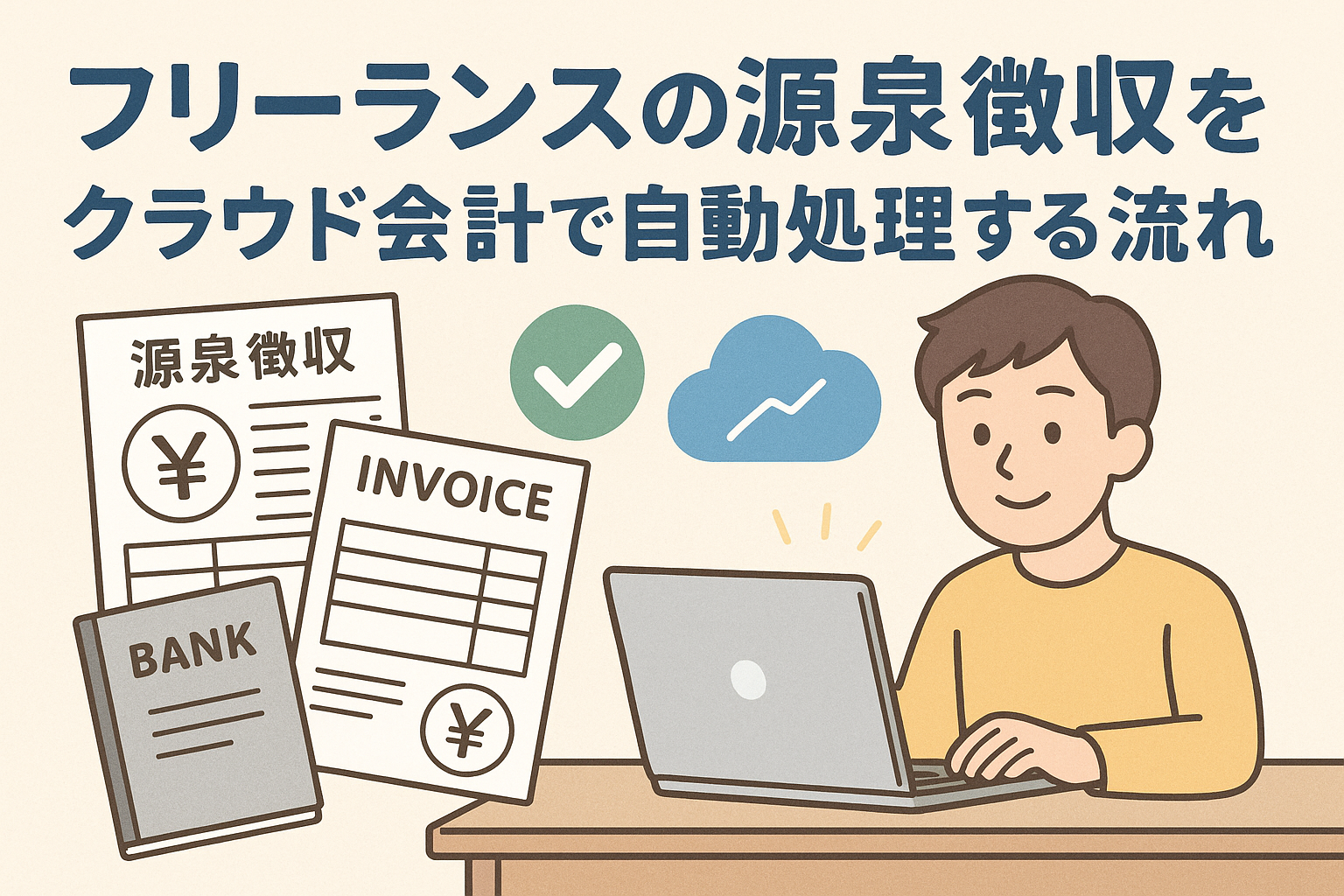 フリーランスの源泉徴収をクラウド会計で自動処理する流れをイメージしたイラスト
