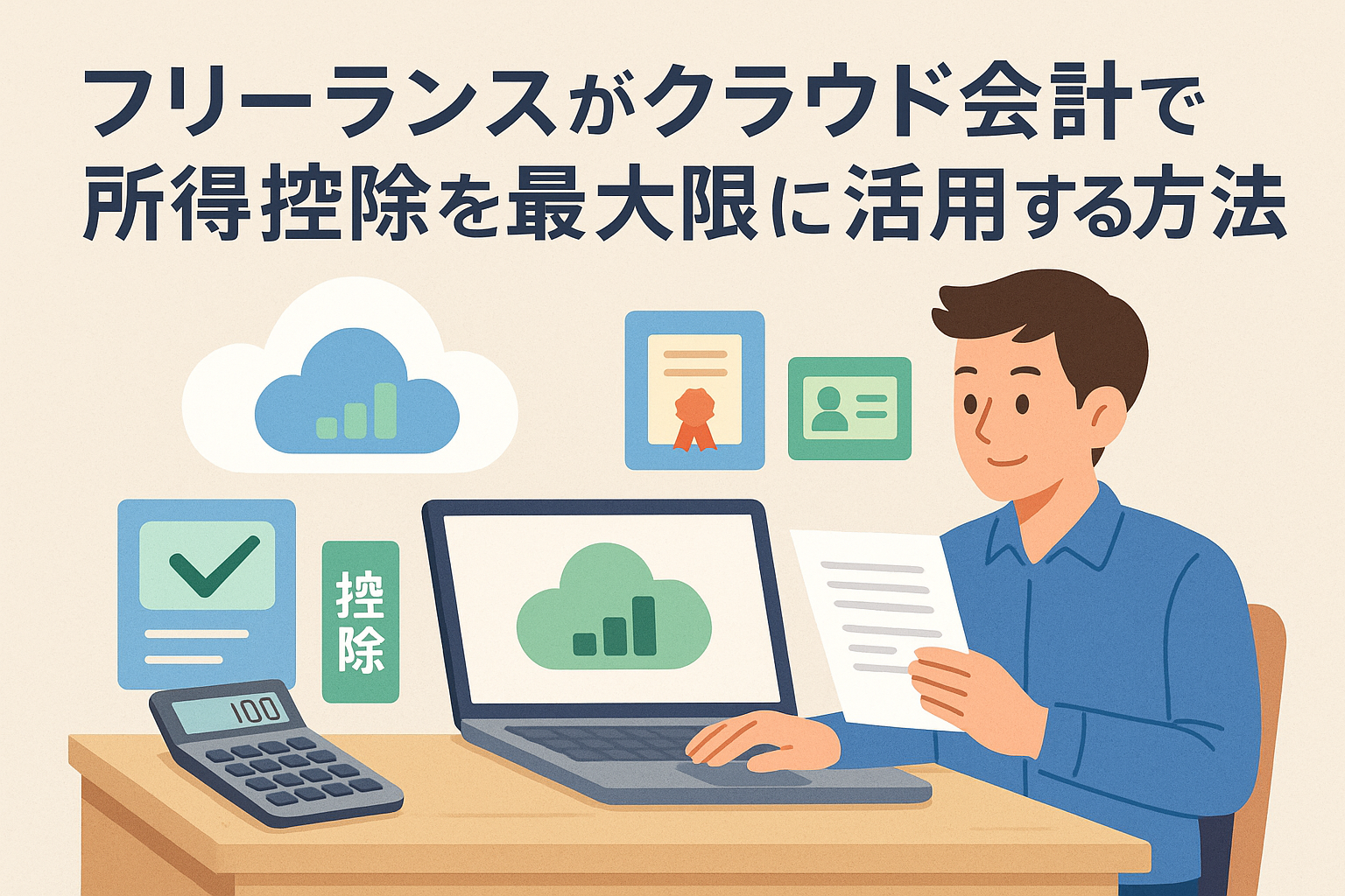 フリーランスがクラウド会計で所得控除を最大限に活用する様子をイメージしたイラスト