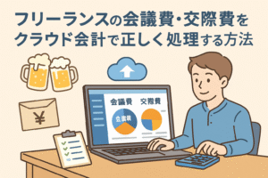 フリーランスがクラウド会計を使って会議費・交際費を正しく処理する様子を描いたイラスト